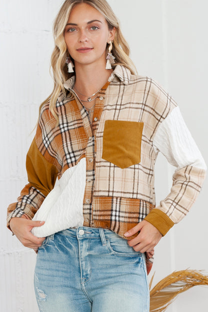 Orange Plaid Color Block Patchwork Pocket Shirt Shacket - Eloy Royal