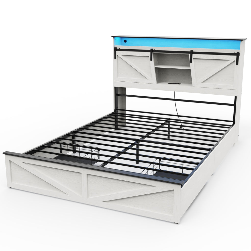 Farmhouse Full Size Bed Frame with Storage Headboard and Drawers,Charging Station & LED Lights,White