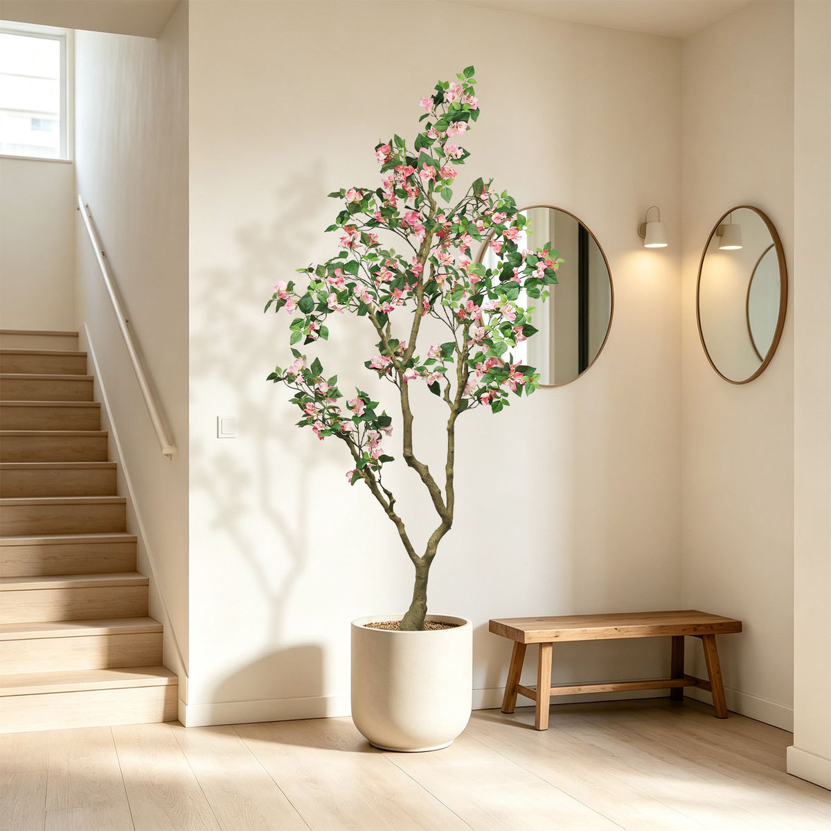 7FT Artificial Bougainvillea Tree with Realistic Pink Silk Flowers, Tall Faux Flowering Plant in Pot for Indoor Outdoor Home, Living Room, Porch, Patio Decor,1pc/set,with white basin, non-removable