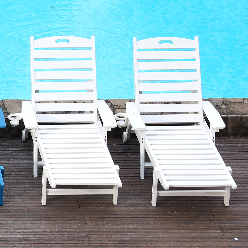 HDPE Outdoor Leisure Lounge Chair Set of Two with Four-Way Adjustable Backrest, 73 Inches Long, with Wheels and Cup Holder, Suitable for Garden, Poolside, and Beach (White)