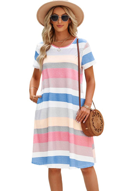 Multicolor Striped Casual Pocket Color Block T Shirt Dress - Eloy Royal