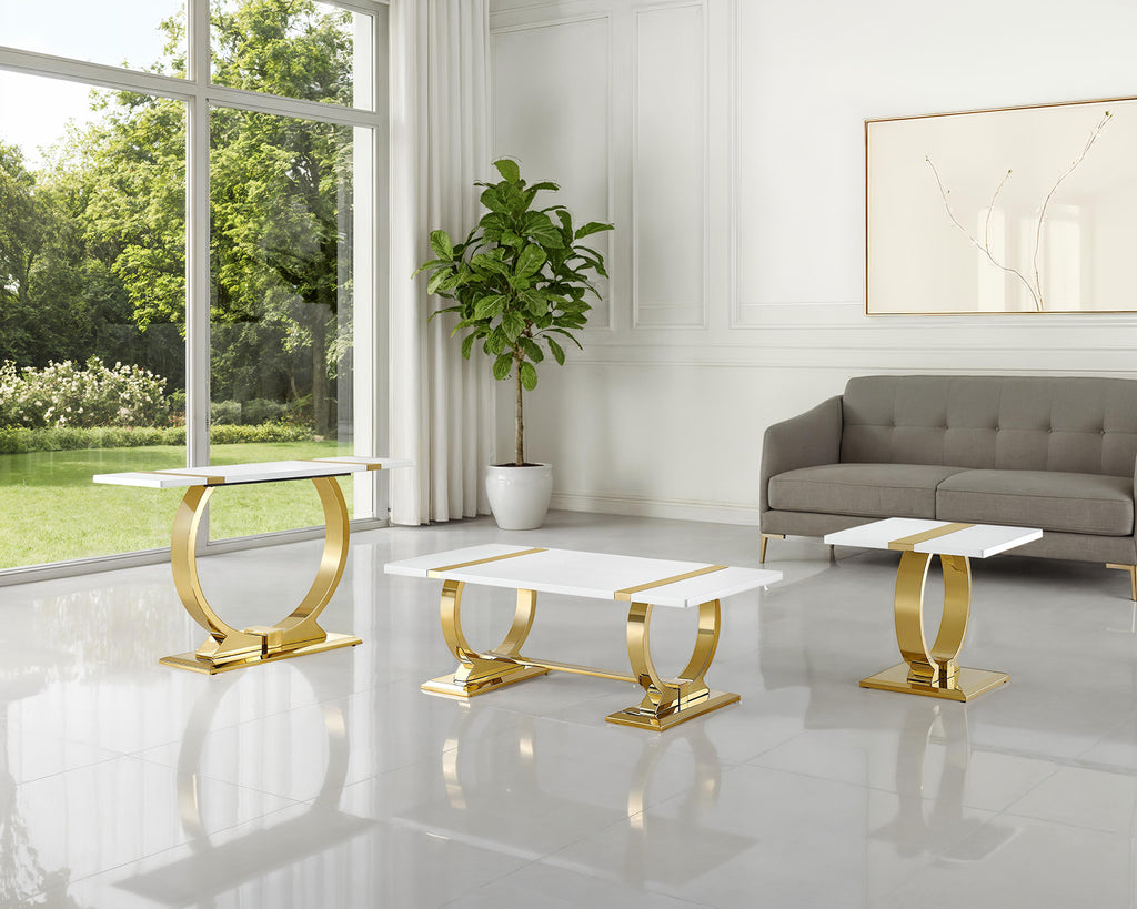 Contemporary Style 3pc Coffee Table Set 1x Coffee Table 1x End Table 1x Sofa Table Trestle base Stainless Steel Gold And White Finish Luxury Living Room Furniture