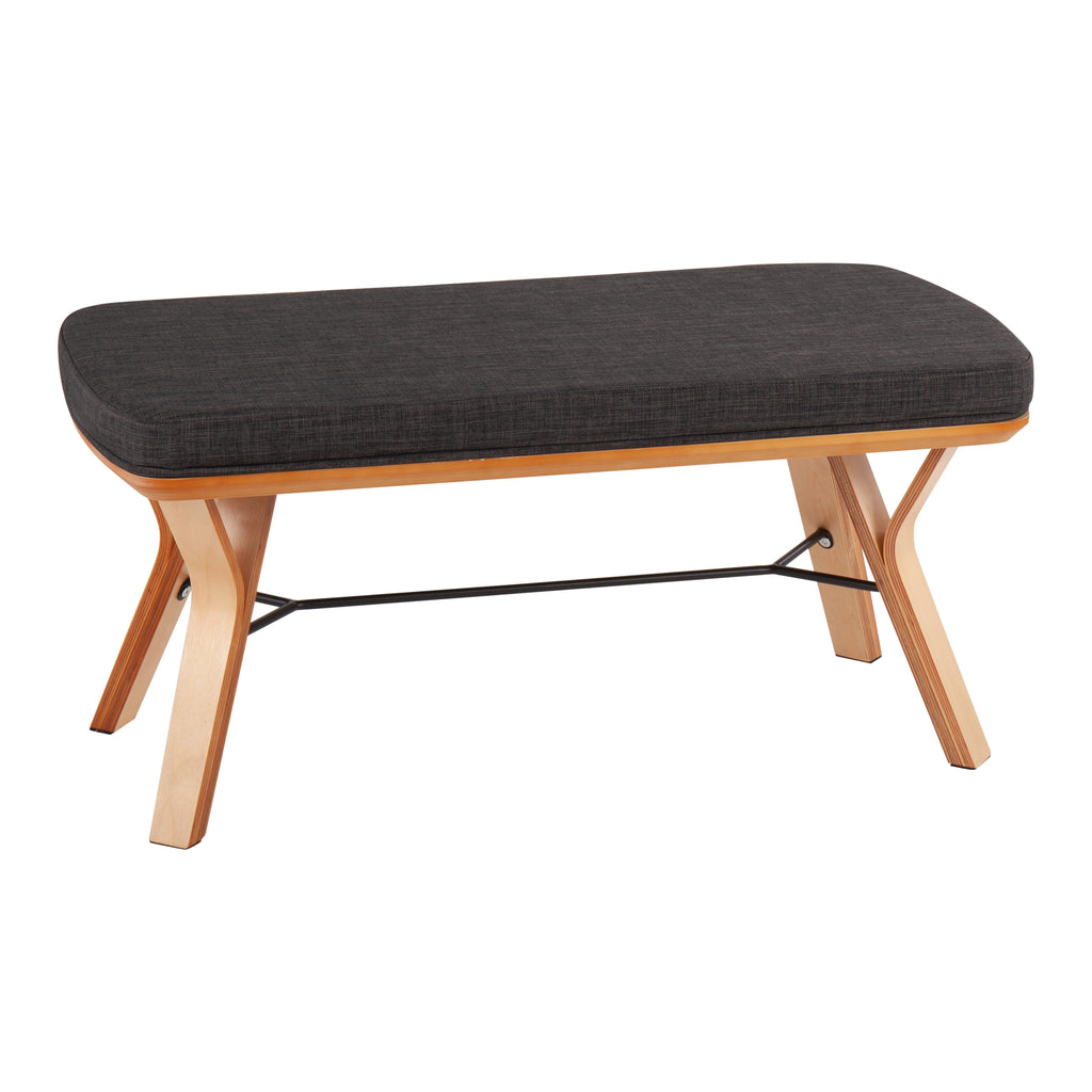Folia Mid-Century Modern Bench in Natural Wood and Charcoal Fabric by
