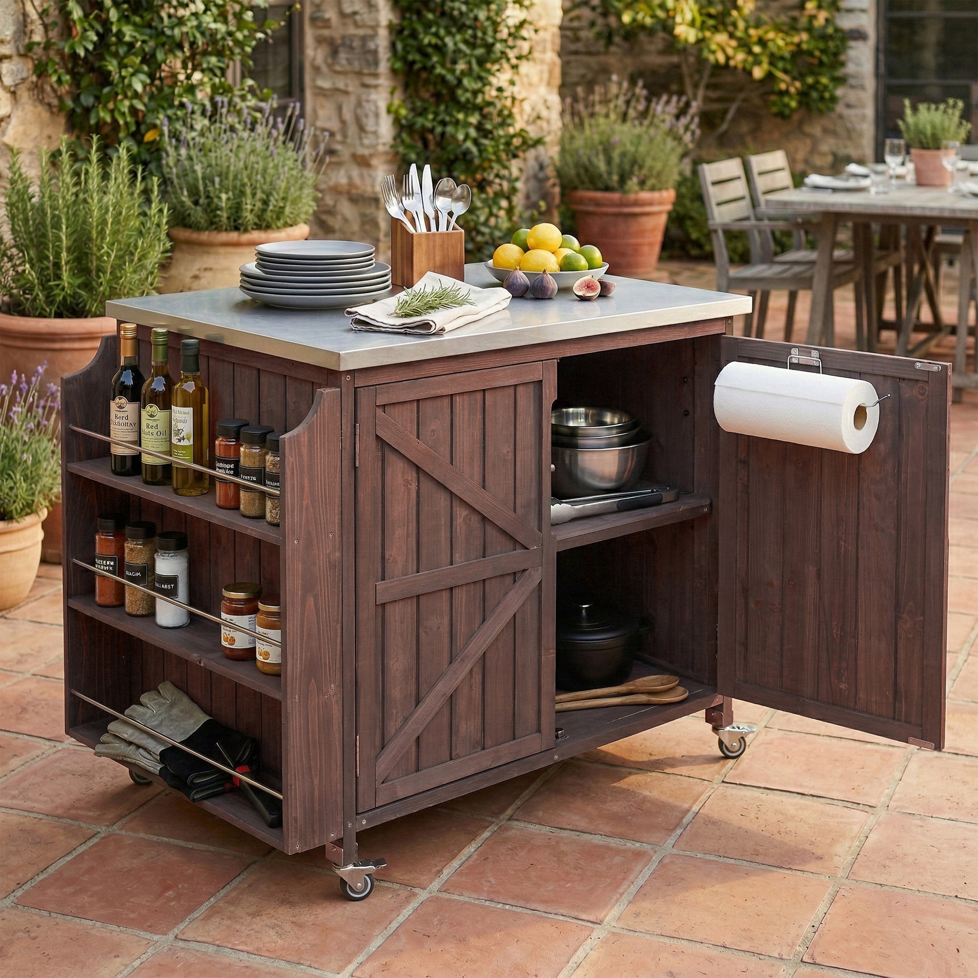 K&K 42.1' Outdoor Kitchen Island with Side Shelf, Outdoor Grill Cart with Storage Cabinet, Outdoor Kitchen Cabinet with Stainless Steel Top,  Adjustable Shelf and 4  Wheels for Pizza Prep, Dark Brown