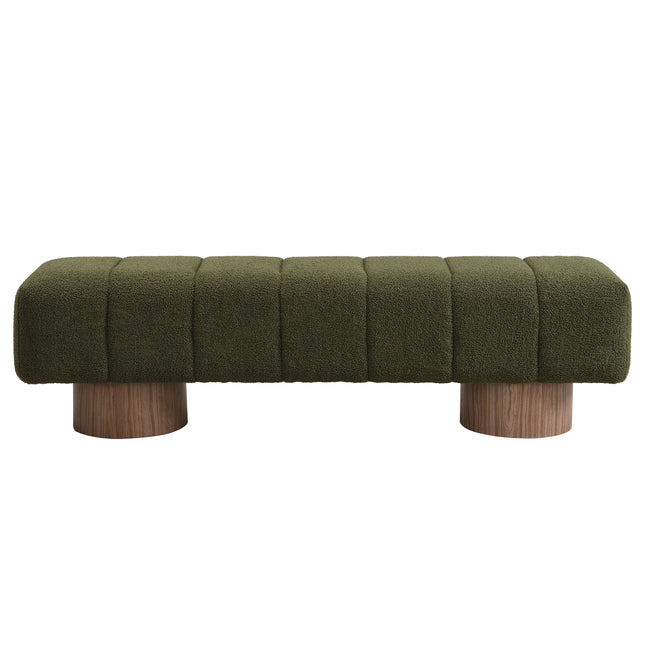 Upholstered Dining Bench for Dining Room, No-Assembly End of Bed Entryway Bench Ottoman for Bedroom Living Room, Green Boucle Fabric Stool Top Wood Leg 300 LBS Weight Capacity