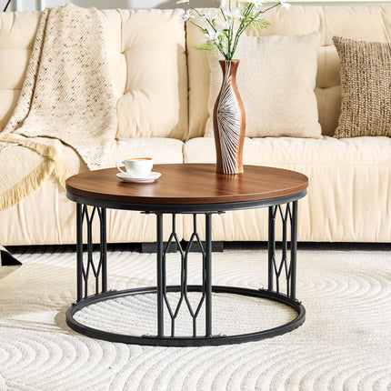 Walnut-colored Round MDF Coffee Table, 27.5-inch Diameter. A round coffee table for the living room featuring a rustic industrial design, with sturdy metal frame legs and easy assembly.