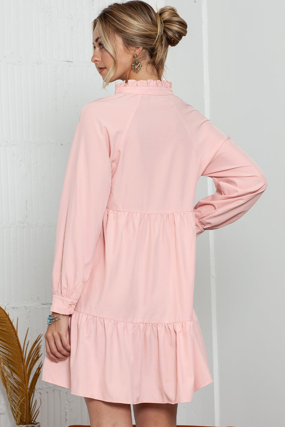 Pink Casual Stand V Neck Short Frill Dress - Eloy Royal