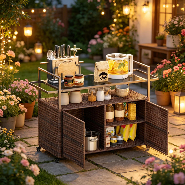 Rattan Storage Cart,Portable Outdoor Serving Cart,Garden Storage Organizer
