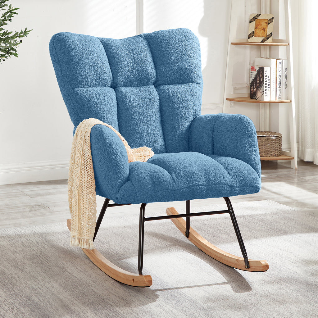 Glider Chair for Living Room Tufted Upholstered Teddy Fabric Rocking Chair with Metal Frame Accent Chair Blue