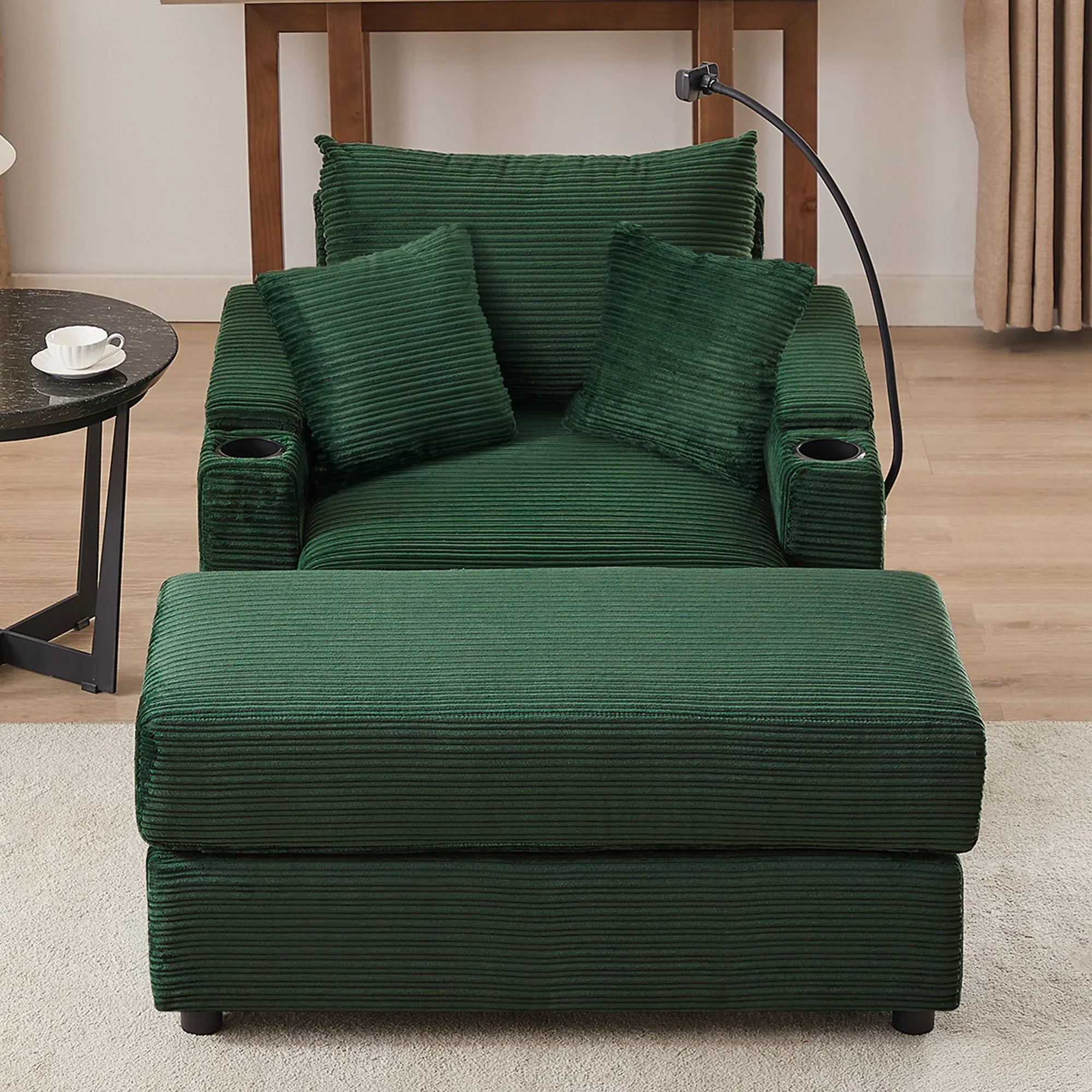 Modern Style Single Sofa Couch with Storage, USB Ports, Cup Holders, Green Corduroy - Eloy Royal
