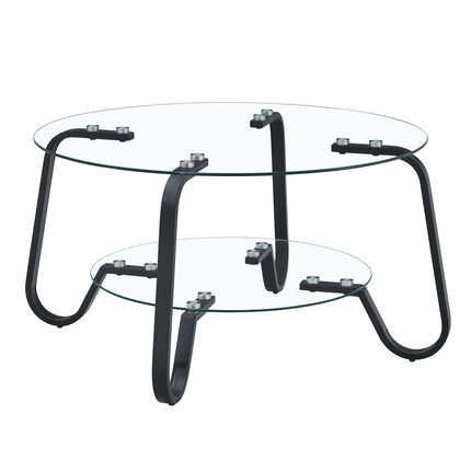 Retro Minimalist Style Metal Frame Double-Layer Tempered Glass Coffee Table - Black