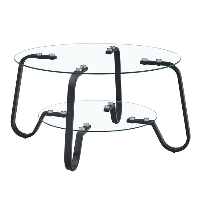Retro Minimalist Style Metal Frame Double-Layer Tempered Glass Coffee Table - Black