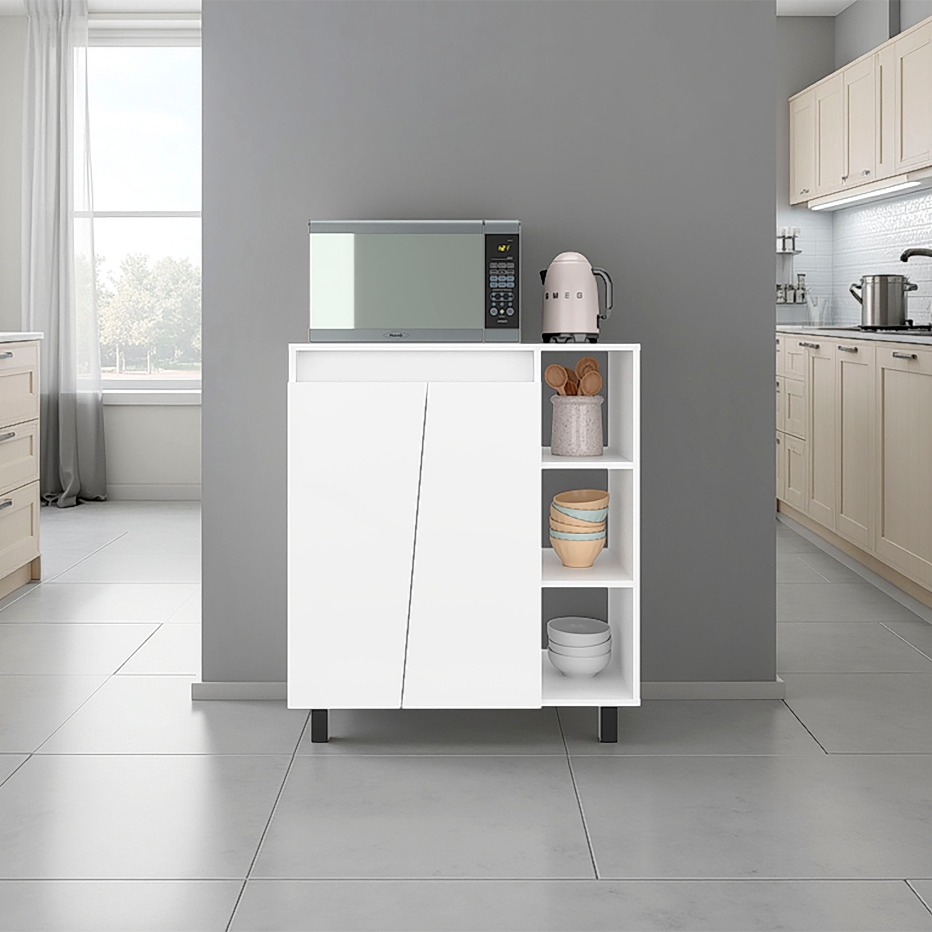 Cesna Microwave Sideboard Cabinet, Freestanding Compact Kitchen Pantry with 2-Door Cabinet Storage, 3 Side Open Shelves and, Appliance Surface, White