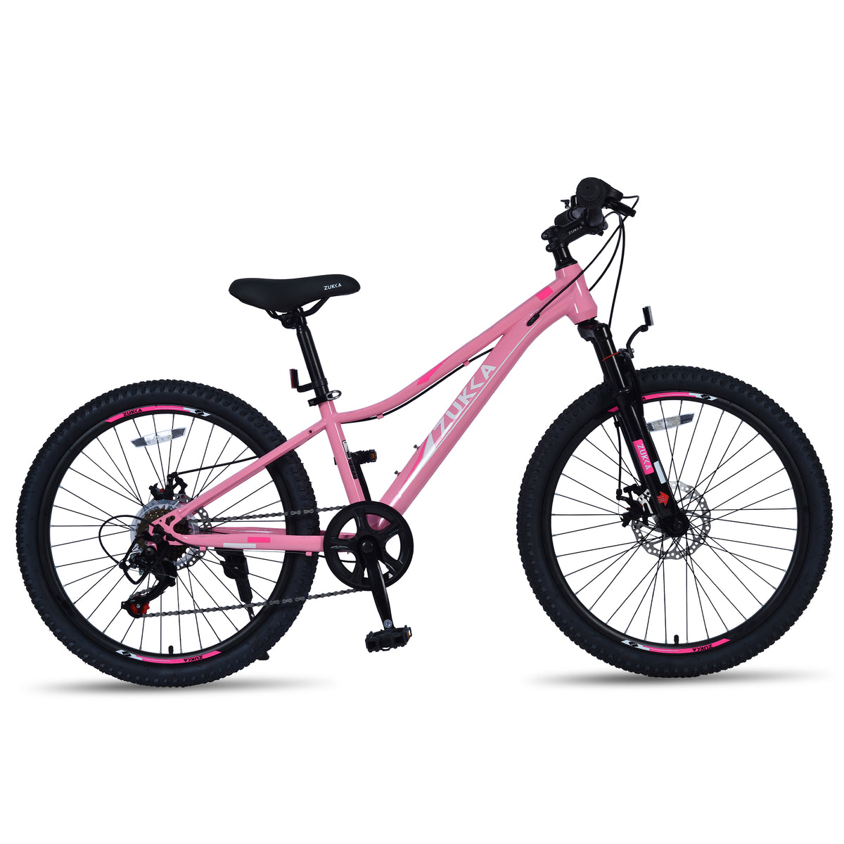 Pink 24 Inch 6-Speed Mountain Bike for Kids Boys and Girls with Steel Frame, Adjustable Seatpost, and Disc Brakes