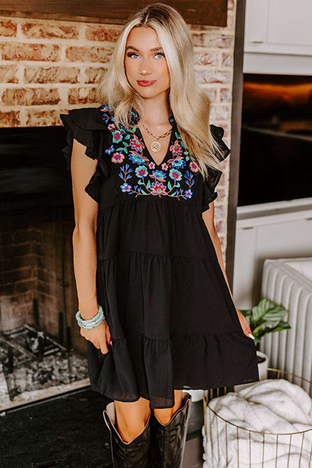 Black Floral Embroidered Frill Neck Ruffle Babydoll Tiered Dress