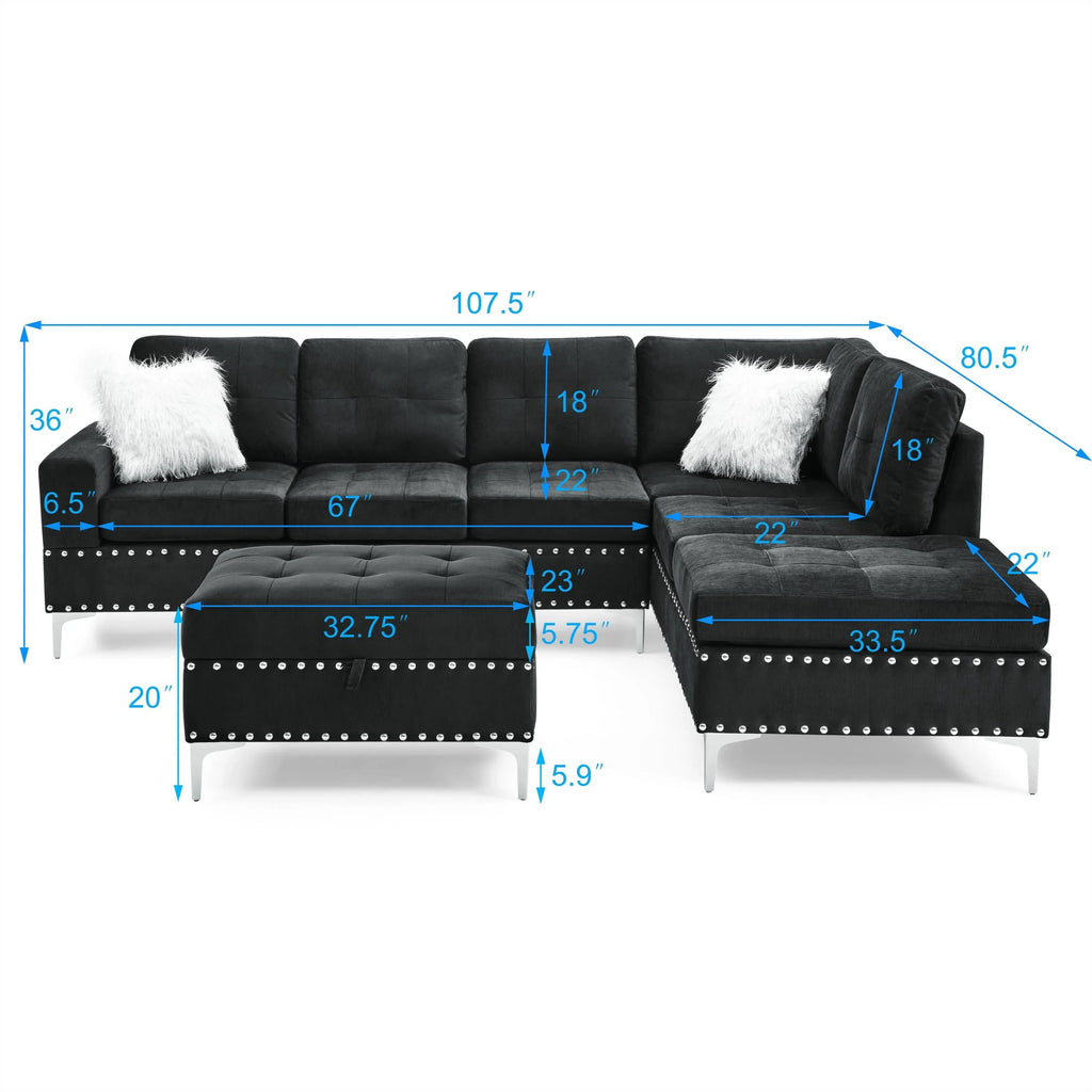 Sectional 3-Seaters Sofa with Reversible Chaise, Storage Ottoman and Cup Holders, Metal Legs and Copper Nails,Two White Villose Pillows ,Black(107.5' x 80.5' x36') - Eloy Royal