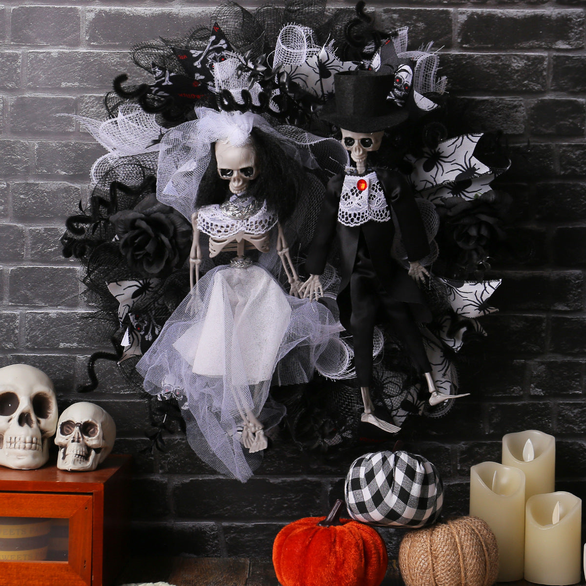 Halloween Skull Bride Groom Mesh Garland Horror Decoration Props