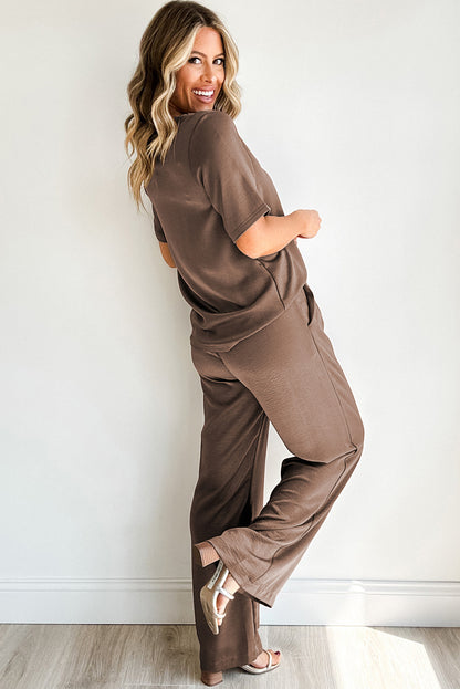 Smoke Gray Solid Color T-Shirt and Wide Leg Pants Set - Eloy Royal