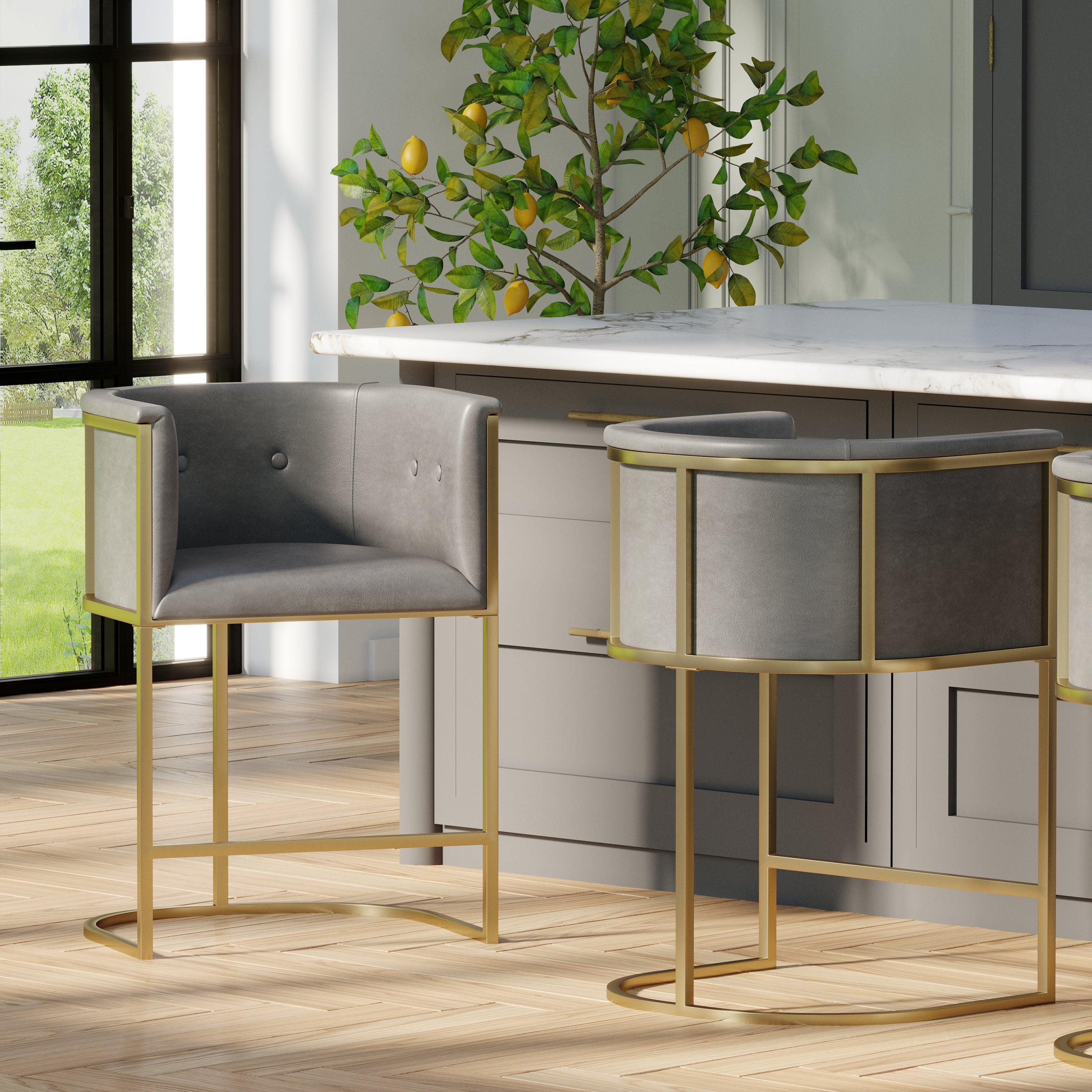 Manhattan 26' Counter Stool – Gray Faux Leather with Brass-Finish Metal Base