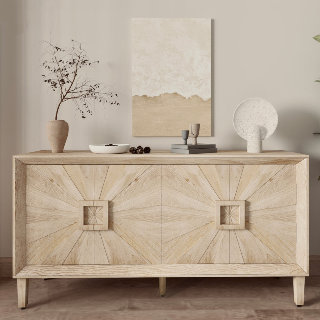 60'' Premium Rustic American Farmhouse Credenza - Symmetrical Sunburst Door Design, Heavy-Duty Antique Wood TV Stand with Adjustable Shelves, Storage Cabinet for Living Room/Kitchen (Antique Natural)
