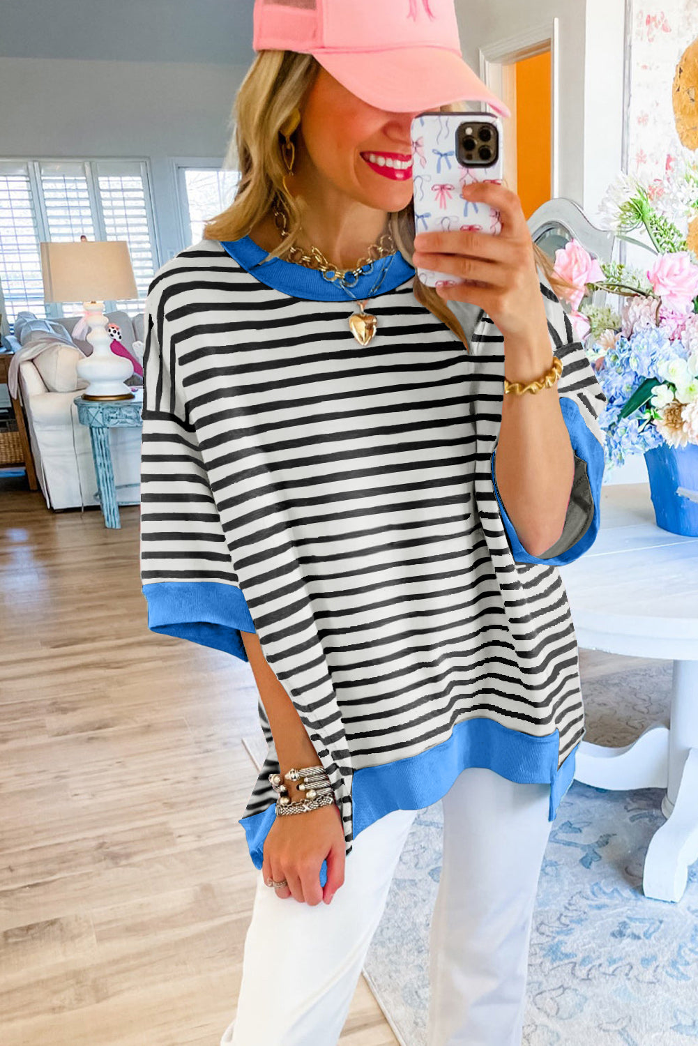 Pink Stripe Colorblock Drop Sleeve Loose Top - Eloy Royal