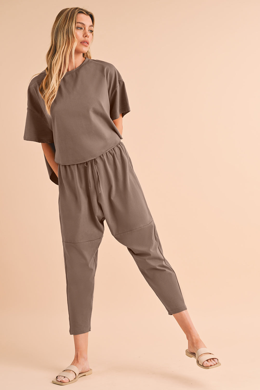 Taupe Batwing Sleeve High Low Tee and Drawstring Crop Pants Set - Eloy Royal