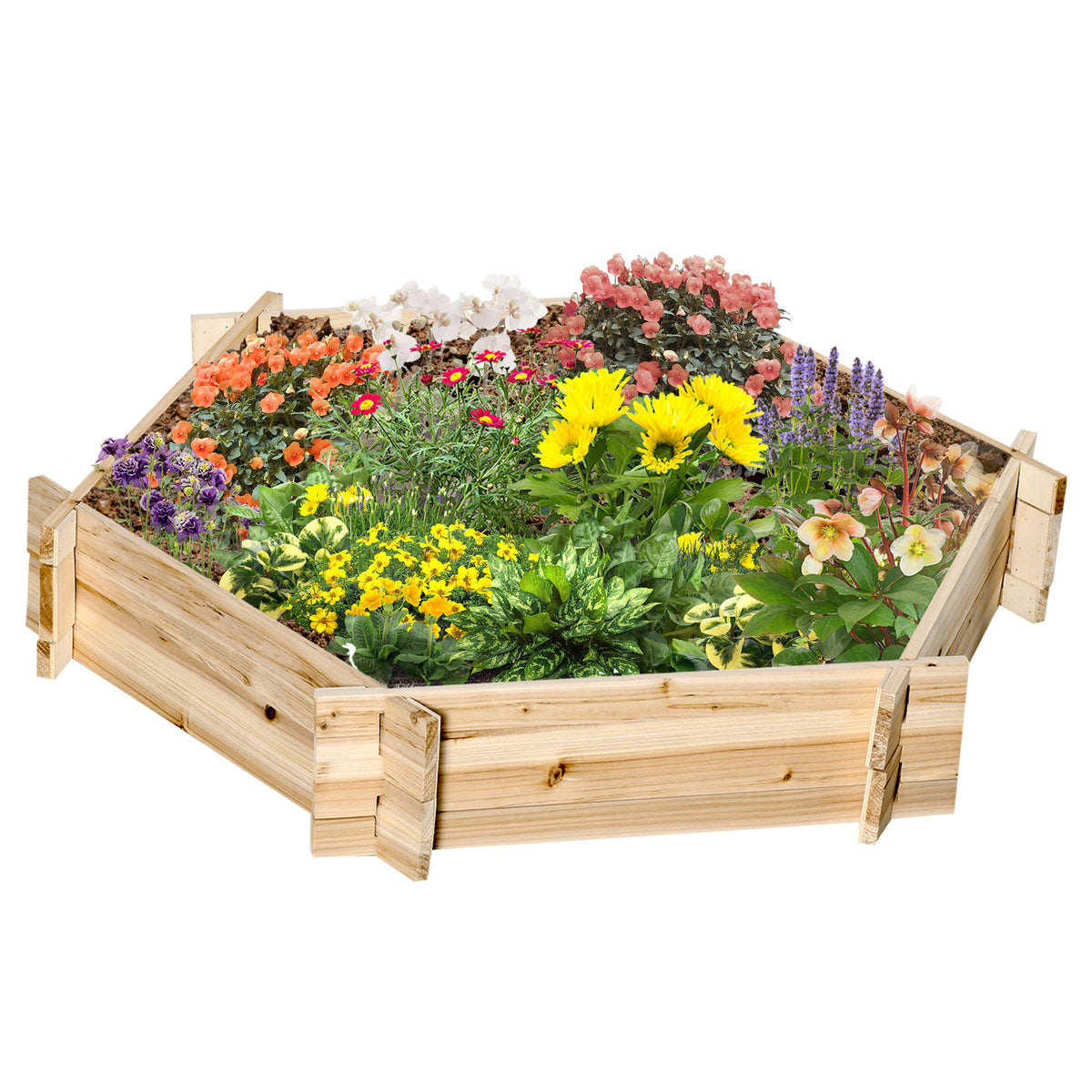 Outsunny Wooden Raised Garden Bed, Hexagon Screwless Planters for Outdoor Plants, Vegetables, Flowers, Herbs, 39' x 36' x 6', Natural Wood