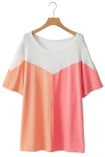 White Plus Size Waffle Patchwork Colorblock Knit Tee - Eloy Royal