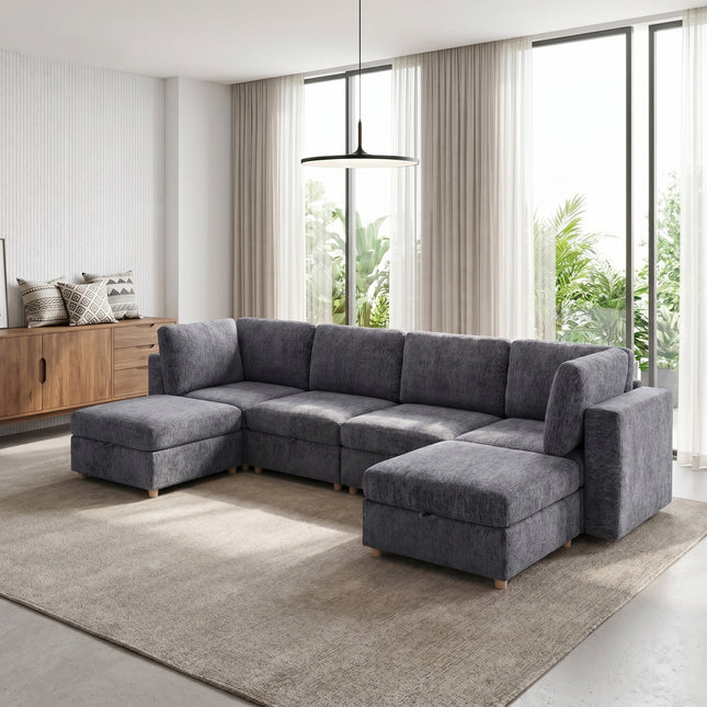 Modular sectional sofa seat, convertible sofa with storage, multifunctional folding fabric sofa set, 6 seater sofa (Grey)