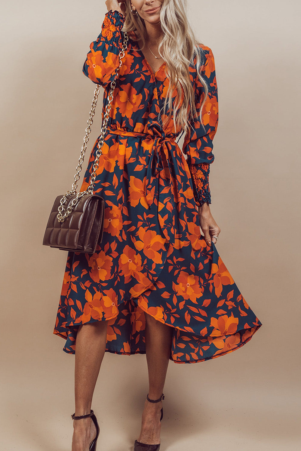 Orange Floral Print Wrap V Neck Belted Midi Dress - Eloy Royal