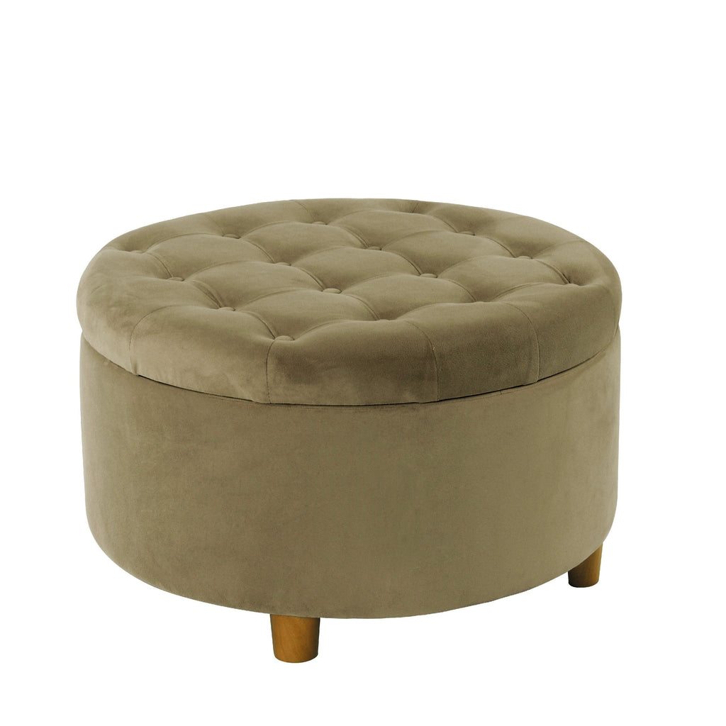 Jo Storage Ottoman, 28 Inch Round Tufted Lift Top, Sage Green Velvet
