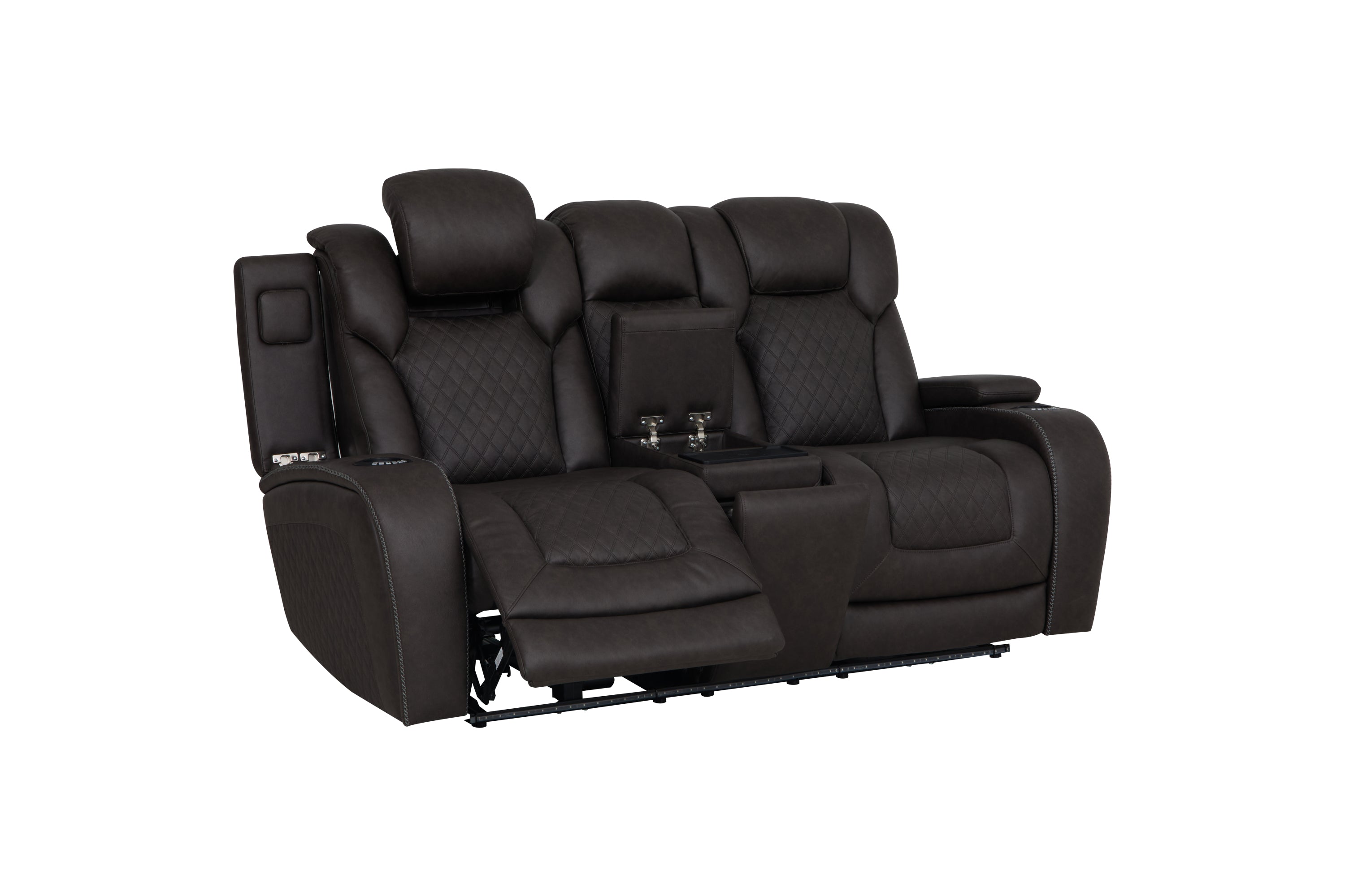 Wendell Dark Gray Microfiber Power Motion Loveseat w/Console, Wireless Charger, Storage, USB & LED