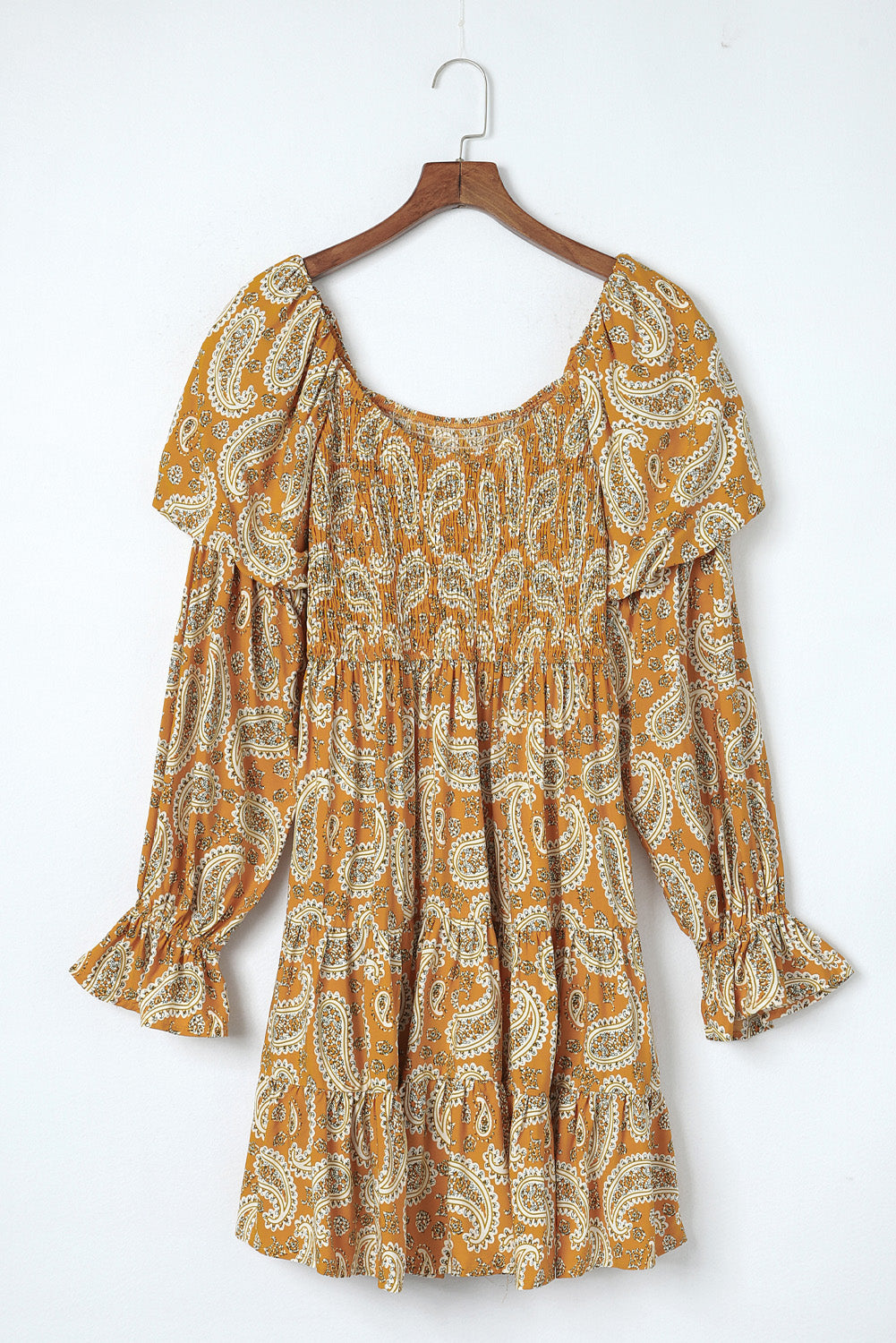 Yellow Boho Paisley Floral Print Long Sleeve Short Dress - Eloy Royal