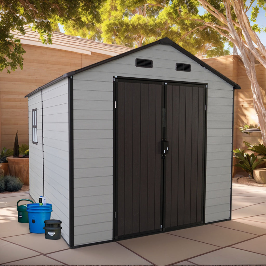 8x8x7.6FT Outdoor Resin Storage Shed with Windows, Strong Aluminum Frame & Floor for Garden, Backyard Organization (White+Brown)