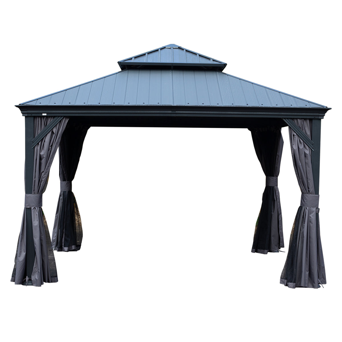 12'x12' Hardtop Gazebo with Resin Roof, Outdoor Metal Gazebo with Drainage Gutters, Permanent Heavy Duty Pavilion for Patio, Backyard and Deck, Curtains and Mosquito Netting Included
