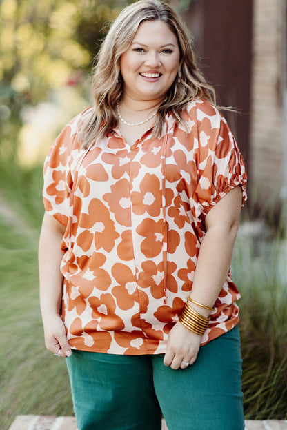 Orange Plus Size 60s Floral Print Drawstring V Neck Short Sleeve Blouse - Eloy Royal