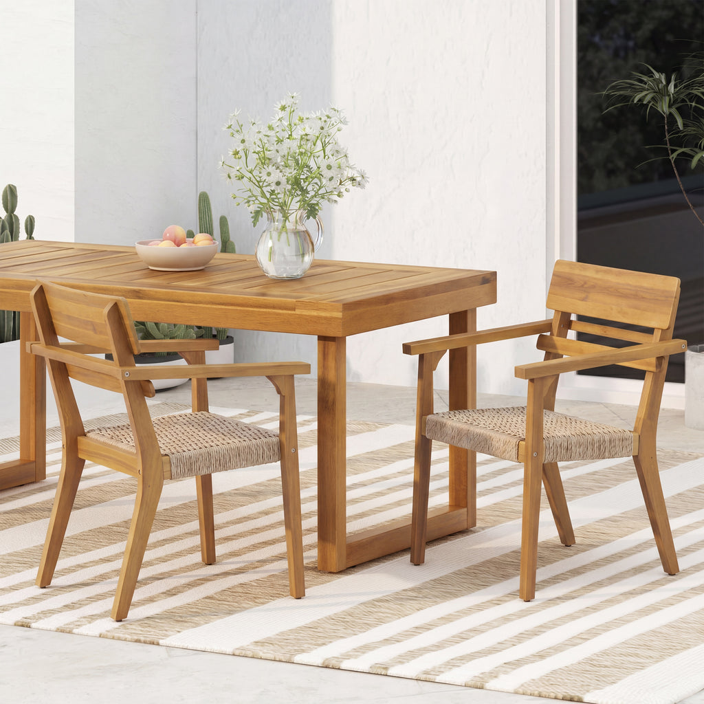 Outdoor Acacia Wood Dining Chairs with Woven Wicker Seats, Weather-Resistant Patio Armchairs (Set of 2), Teak Finish+Light Brown Wicker