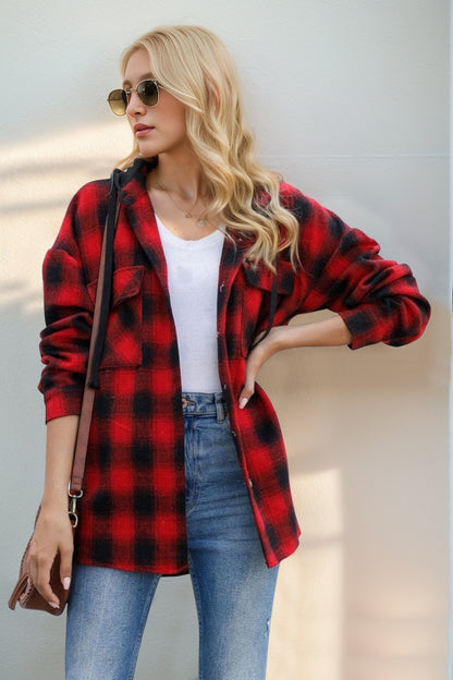 Double Take Drawstring Plaid Long Sleeve Hooded Shacket