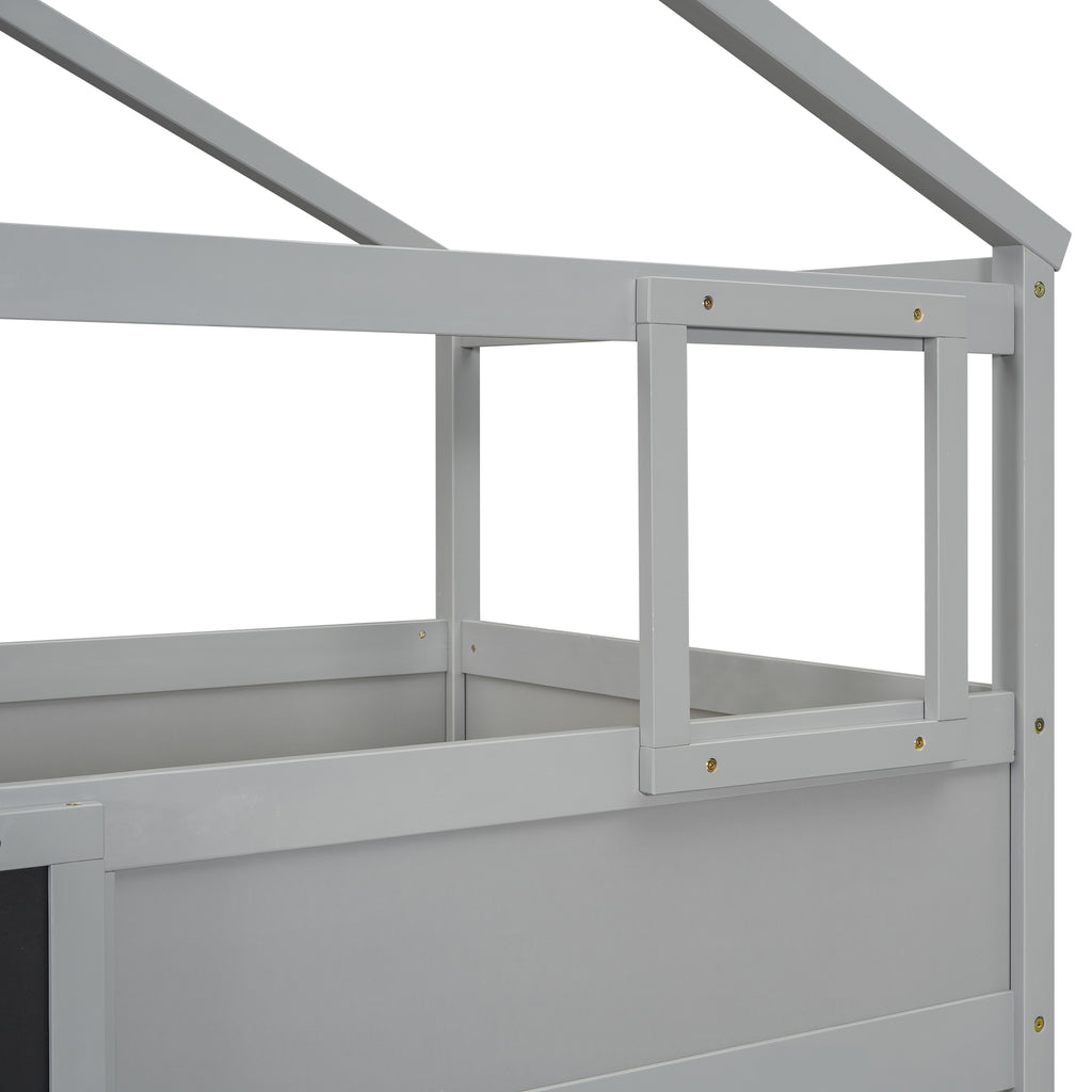 Twin over Full House Bunk Bed with Storage Staircase and Blackboard Gray