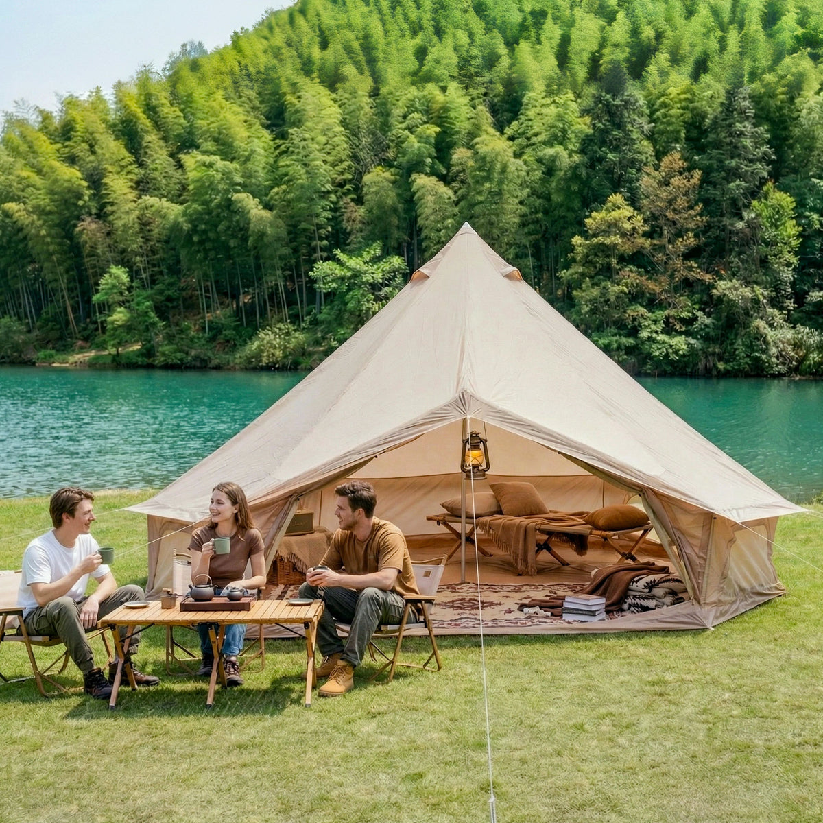 4 Season Bell Tent 13.1FT, Beige Waterproof Glamping Yurt Tent with Stove Jack, Fits 8 People Family Camping Tent for Outdoor Parties & Camping
