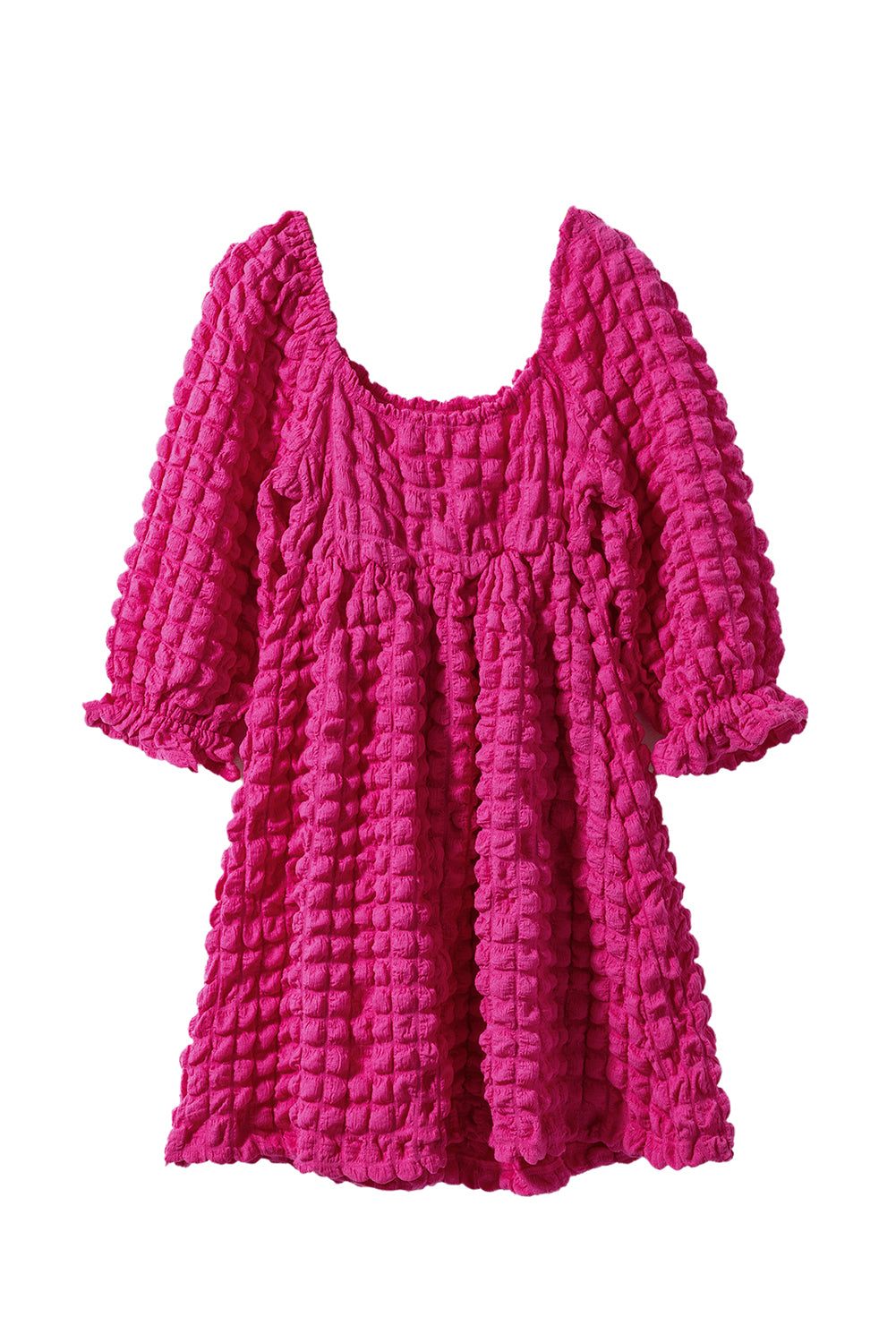 Strawberry Pink Bubble Textured Square Neck Babydoll Dress - Eloy Royal