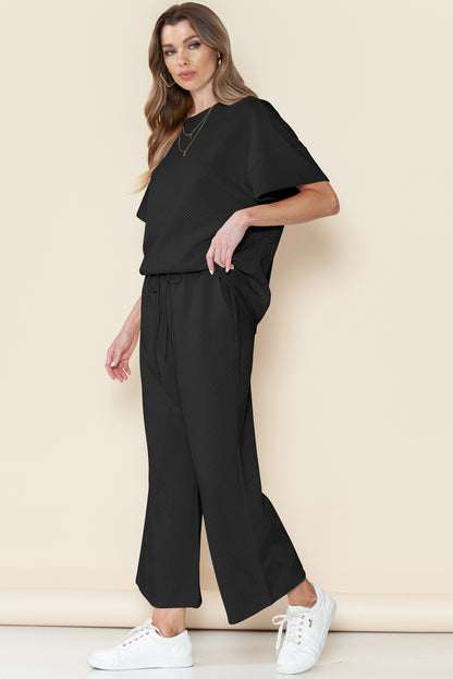 Black Textured Loose Fit T Shirt and Drawstring Pants Set - Eloy Royal