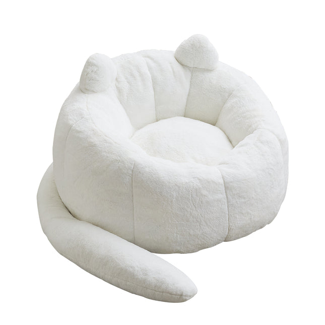 Cat-shaped Adult Bean Bag Sofa with Long Tail, White Faux Fur, Ergonomic Design for Living Room, Bedroom, Dormitory