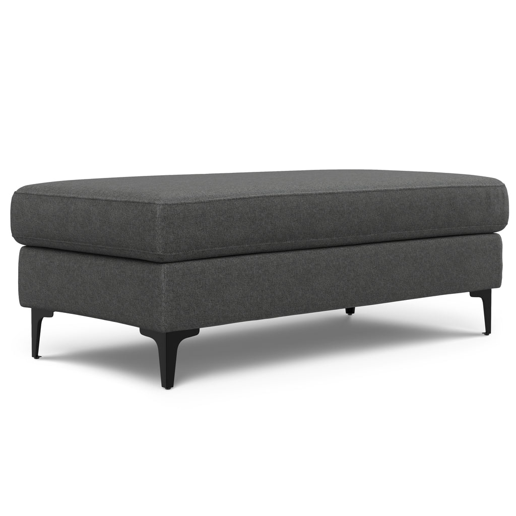 Ava Mid Century Ottoman Bench in Pebble Grey Performance Fabric with Metal Legs, 24 x 48 x 18 inches