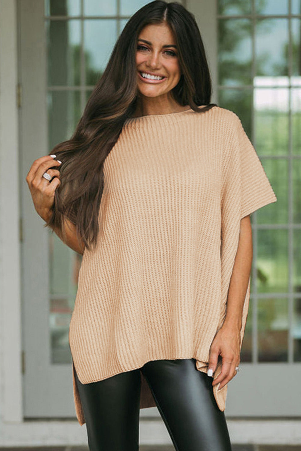 Wholesale Apricot Side Slit Short Sleeve Oversized Sweater - Eloy Royal