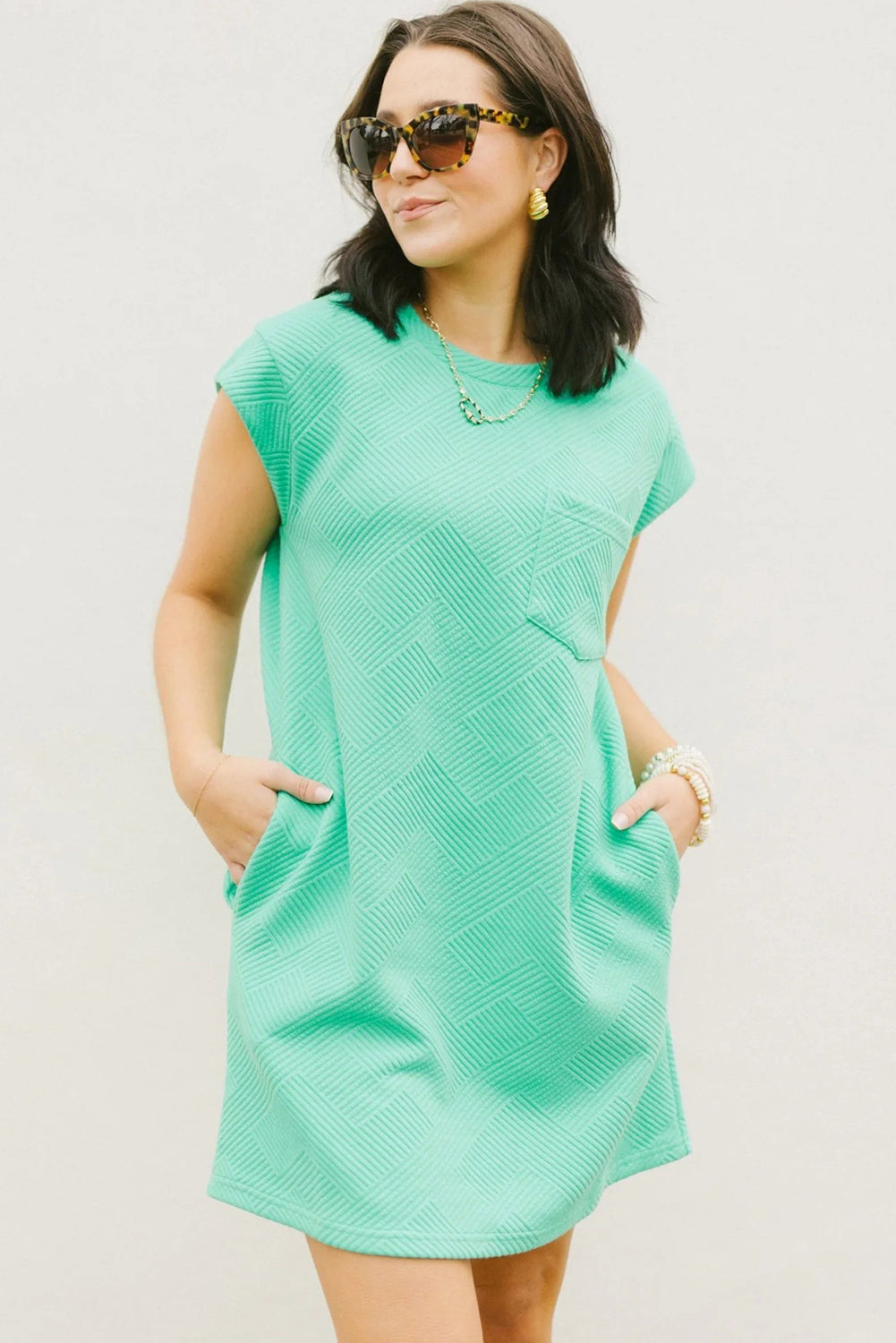 Mint Green Plain Textured Pocketed Mini Dress - Eloy Royal