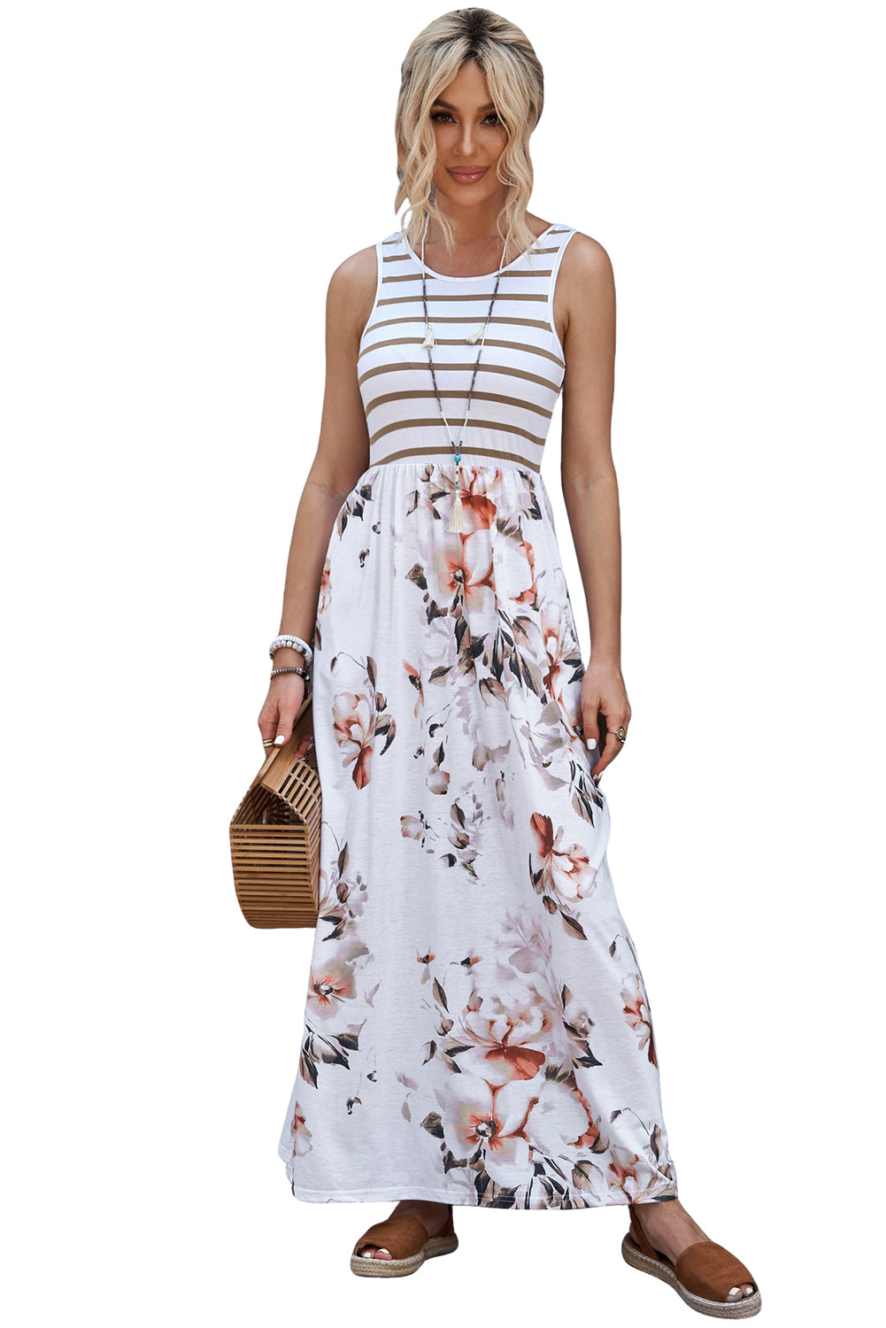 White Boho Stripes & Floral Print Floor Length Tank Dress - Eloy Royal