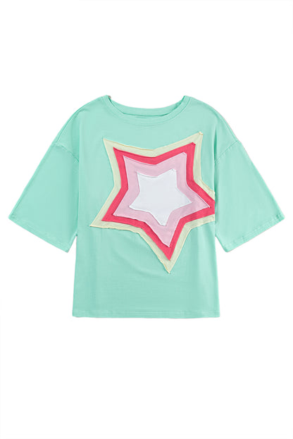 Light Pink Colorblock Star Patched Half Sleeve Oversized Tee - Eloy Royal