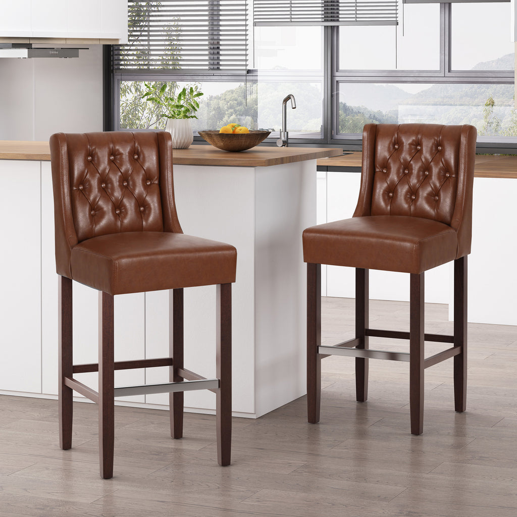 30.5 Inch Seat Height Bar Stool, Light Brown PU Upholstery with Back & Metal Footrest, Counter Stool for Kitchen Island