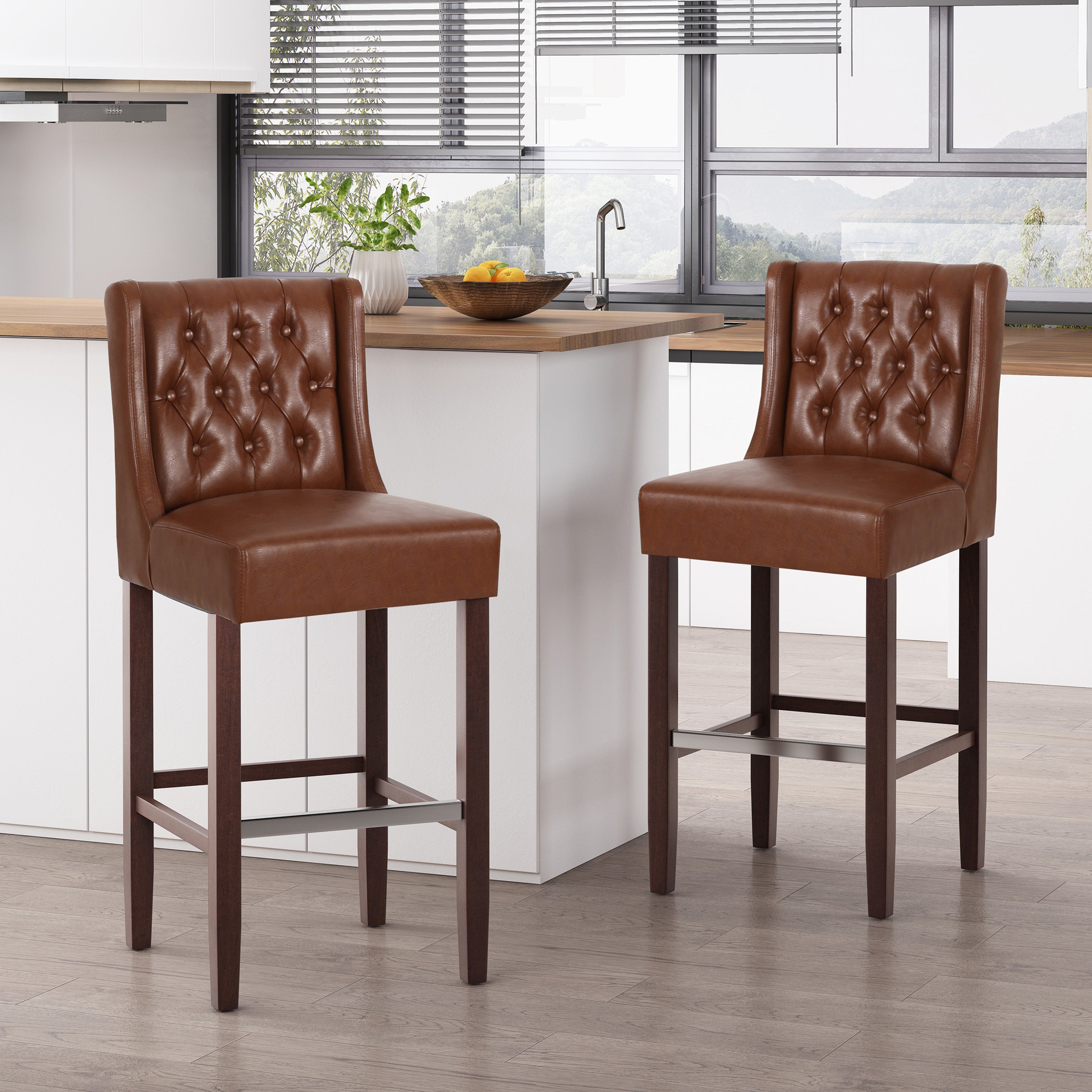 30.5 Inch Seat Height Bar Stool, Light Brown PU Upholstery with Back & Metal Footrest, Counter Stool for Kitchen Island